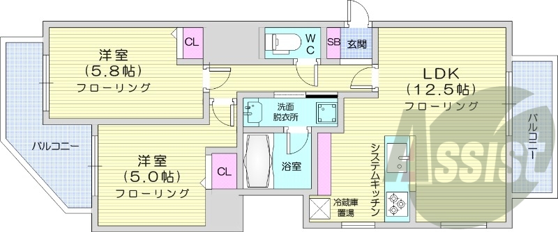 2LDK、エアコン、システムキッチン、浴室乾燥機