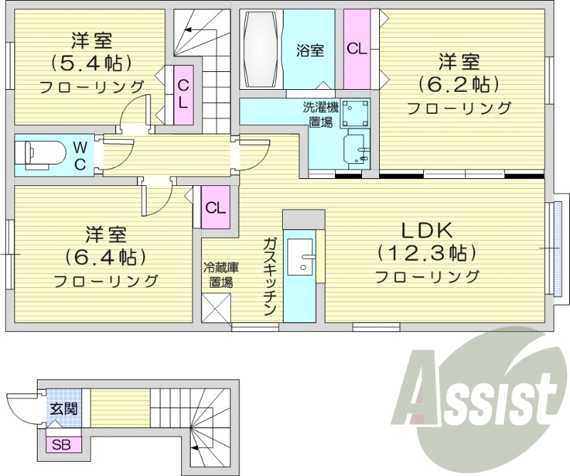 3LDK、対面キッチン、モニタ付インターホン、浴室乾燥機