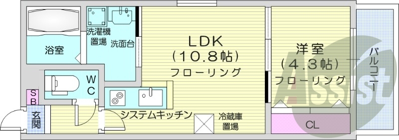 1LDK、都市ガス、エアコン、インターネット無料