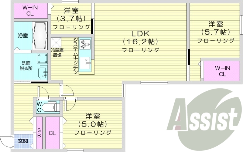 3LDK、エアコン、都市ガス、システムキッチン