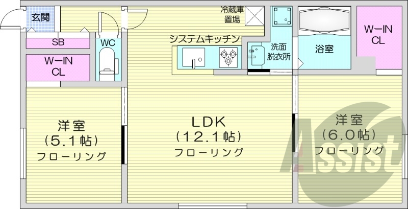 2LDK、エアコン、都市ガス、システムキッチン