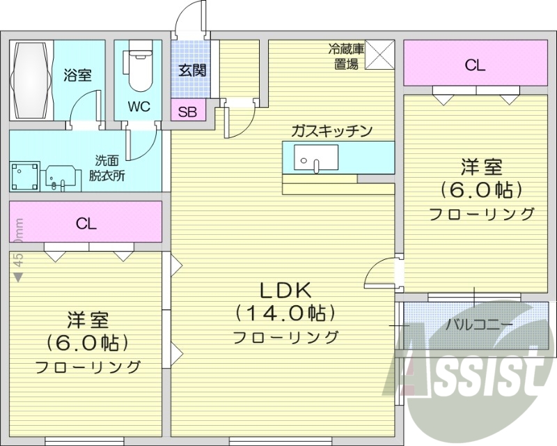 2LDK、灯油暖房、バストイレ別、独立洗面台、トランクルーム