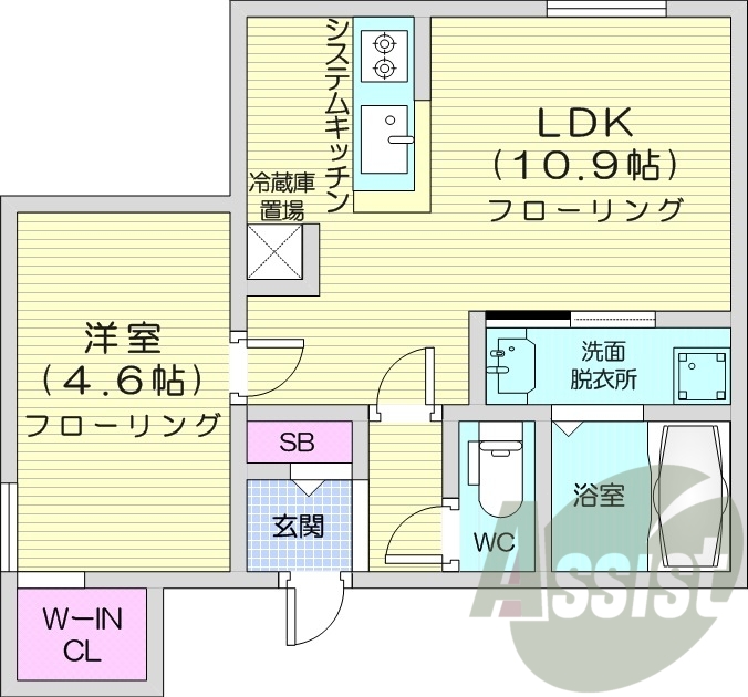 1LDK、エアコン、都市ガス、システムキッチン