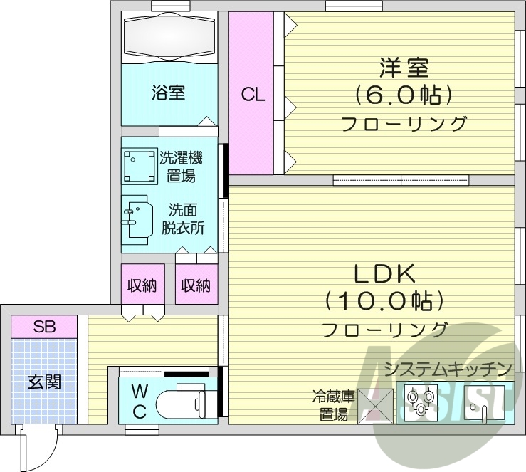 1LDK、システムキッチン、都市ガス、モニタ付インターホン