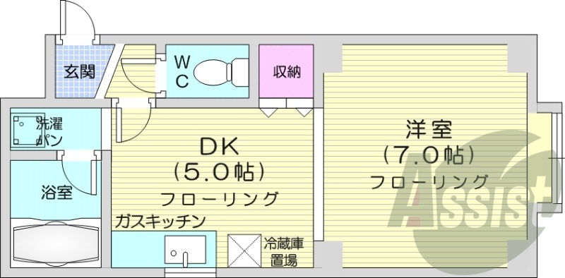 1DK、角部屋、灯油暖房、バストイレ別、収納