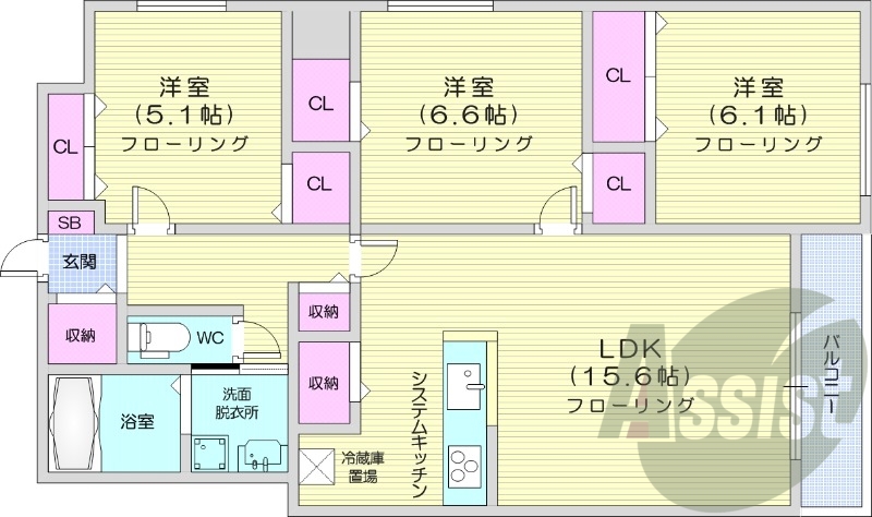 3LDK、オール電化、エアコン、システムキッチン
