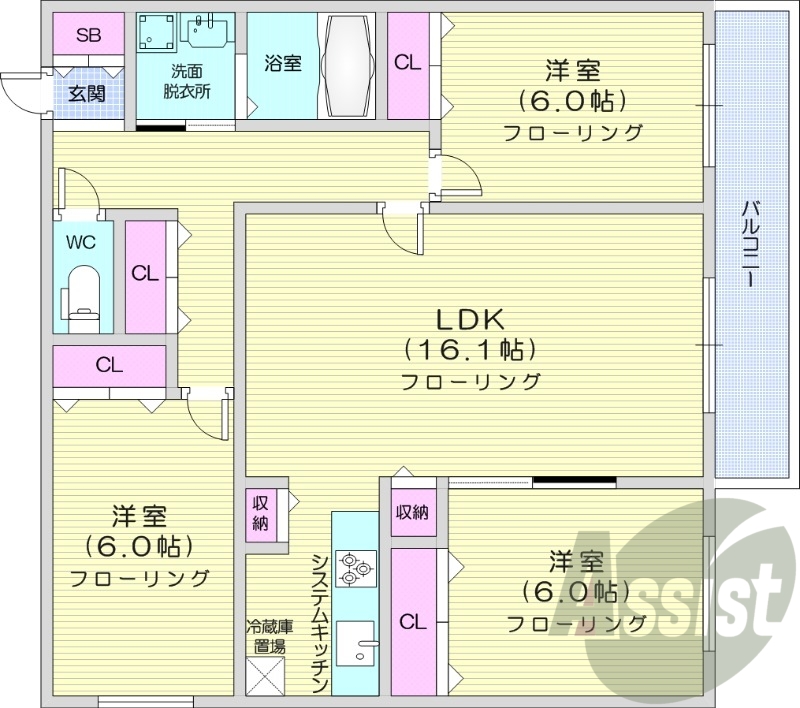 3LDK、都市ガス、エアコン、システムキッチン、追い焚き