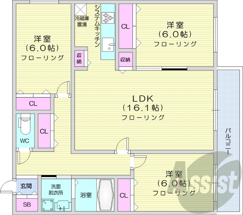 3LDK、都市ガス、エアコン、システムキッチン、追い焚き