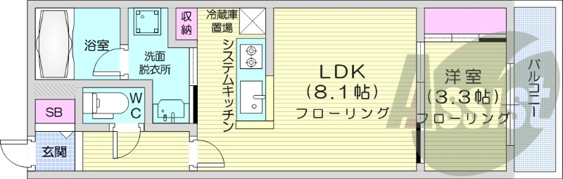 1LDK、都市ガス、エアコン、浴室乾燥機、ネット無料