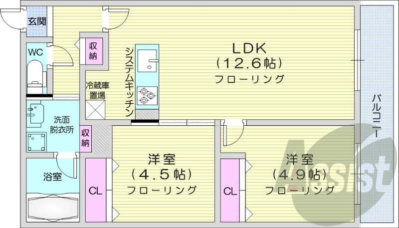 2LDK、都市ガス、エアコン、浴室乾燥機、追い焚き