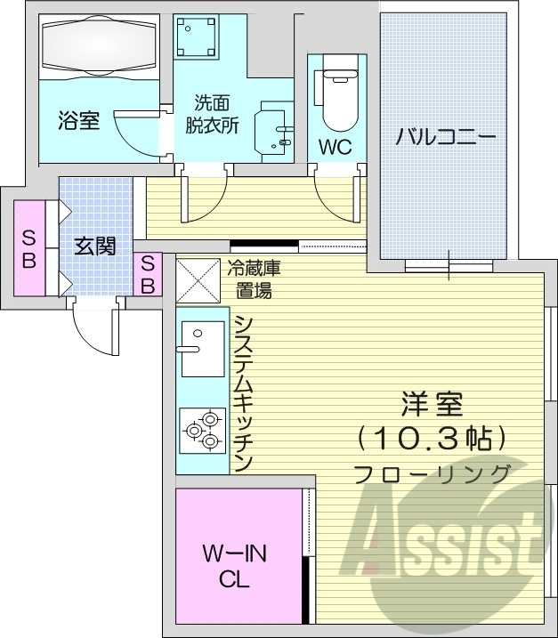 1R、システムキッチン、都市ガス、エアコン