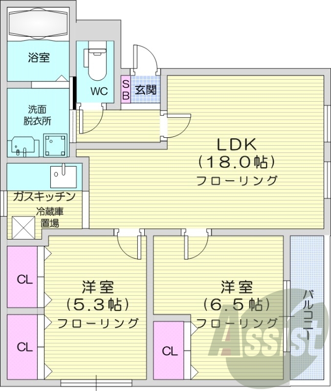 2LDK、オートロック、バス・トイレ別、暖房