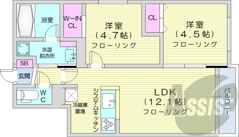 2LDK、エアコン、システムキッチン、追い焚き、ネット無料