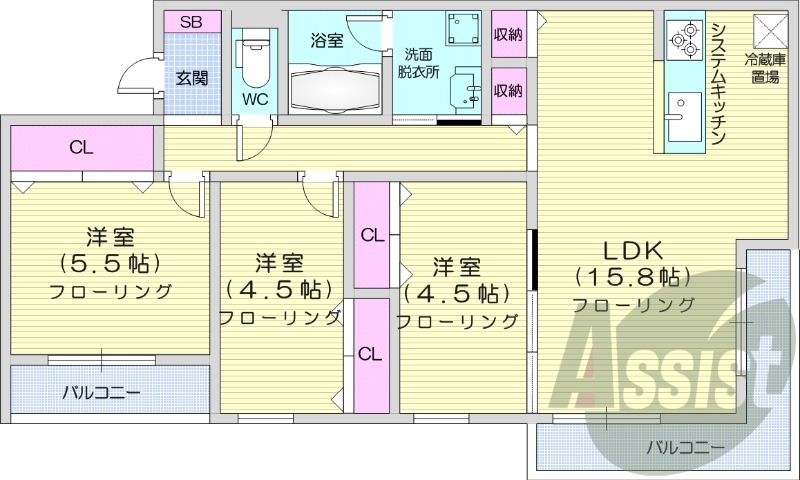 3LDK、エアコン、都市ガス、ペット飼育可能