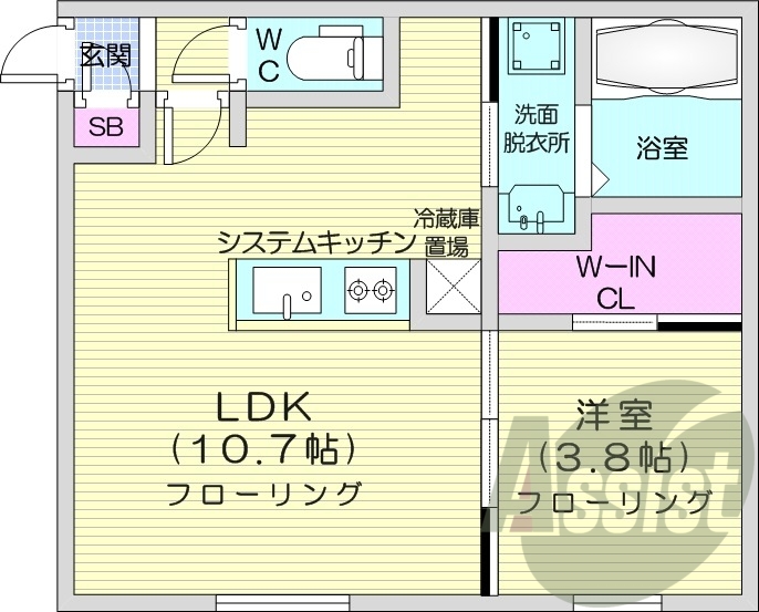 1LDK、エアコン、都市ガス、ペット飼育可能