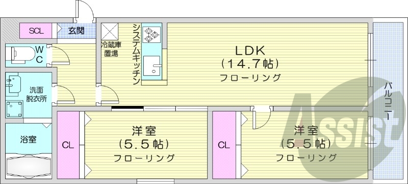 2LDK、都市ガス、エアコン、追い焚き、浴室乾燥機