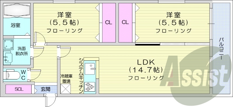 2LDK、都市ガス、エアコン、追い焚き、浴室乾燥機