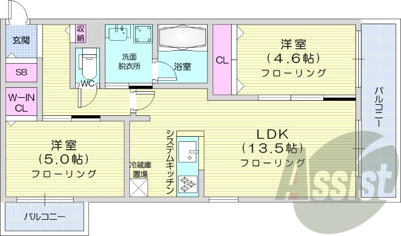 2LDK、都市ガス、エアコン、浴室乾燥機、追い焚き