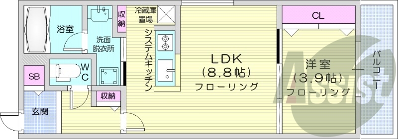 1LDK、都市ガス、エアコン、浴室乾燥機、ネット無料