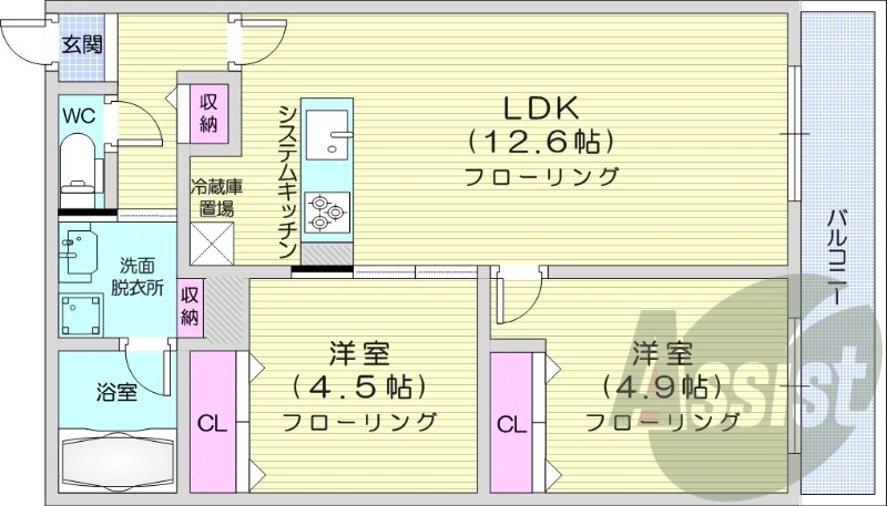 2LDK、都市ガス、エアコン、浴室乾燥機、追い焚き