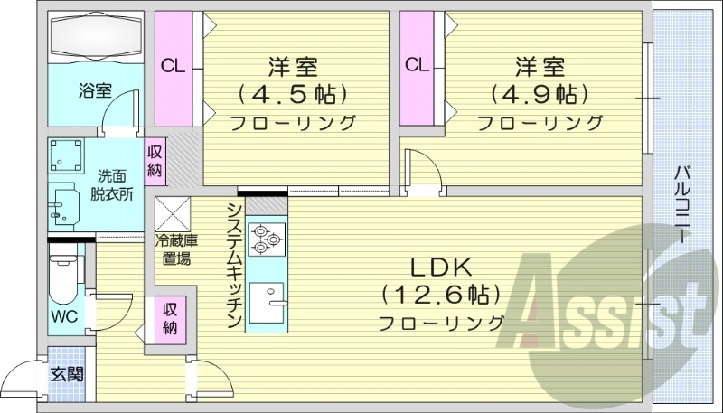2LDK、都市ガス、エアコン、浴室乾燥機、追い焚き