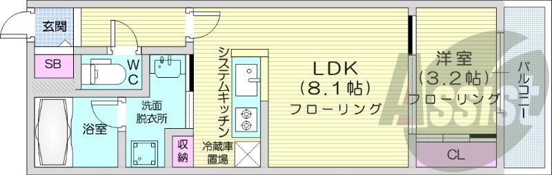 1LDK、都市ガス、エアコン、浴室乾燥機、ネット無料