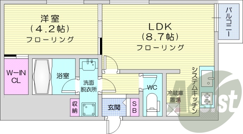 1LDK、都市ガス、エアコン、浴室乾燥機、ネット無料