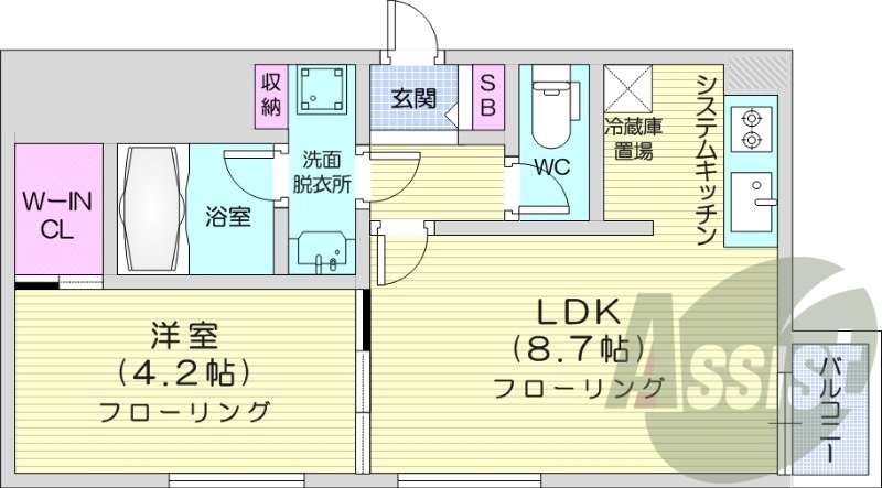 1LDK、都市ガス、エアコン、浴室乾燥機