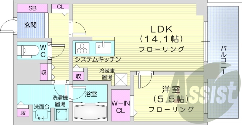 1LDK、都市ガス、追い焚き、床暖房、システムキッチン