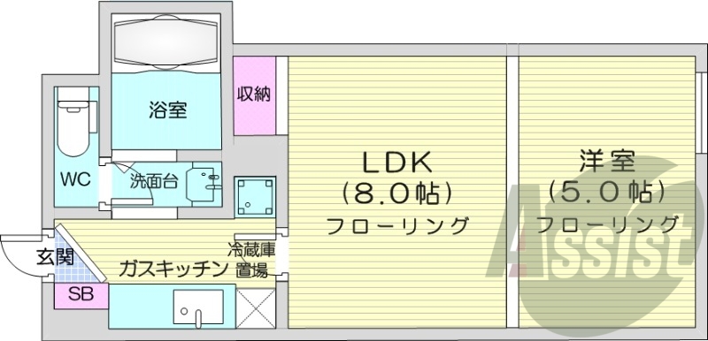 1LDK、オートロック、バストイレ別、独立洗面台