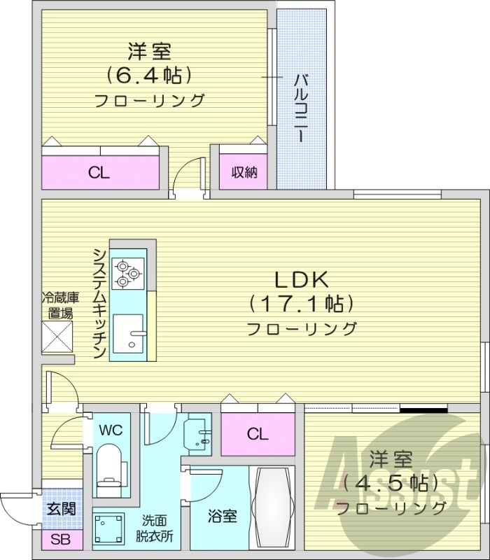 2LDK、エアコン、浴室乾燥機、システムキッチン