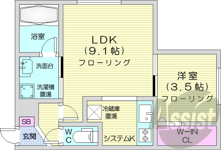 1LDK、角部屋、ガス暖房、ネット無料、システムキッチン