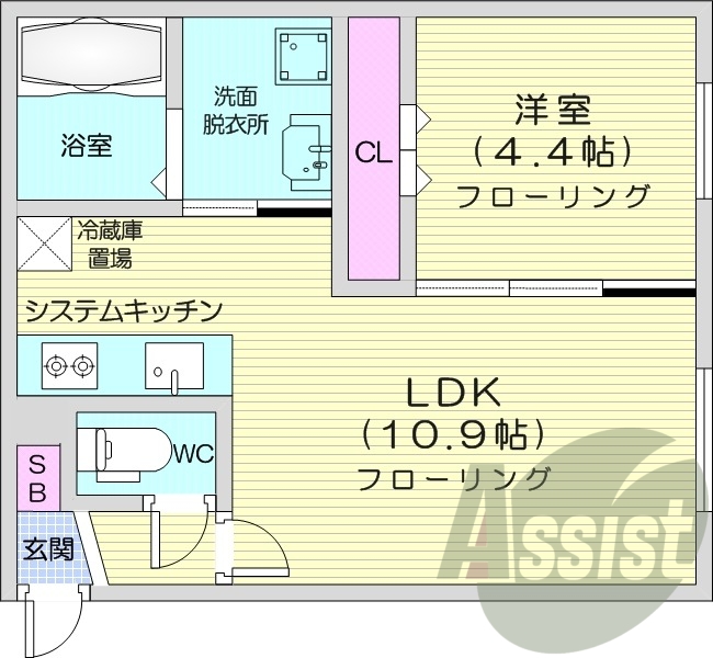 1LDK、エアコン、システムキッチン、ネット無料