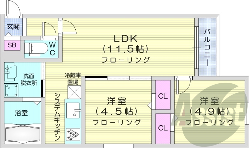 2LDK、エアコン、システムキッチン、ネット無料