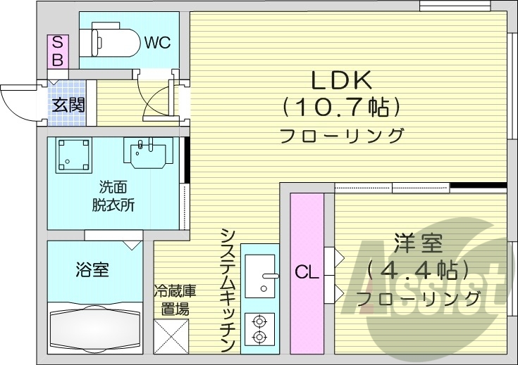 1LDK、エアコン、システムキッチン、ネット無料