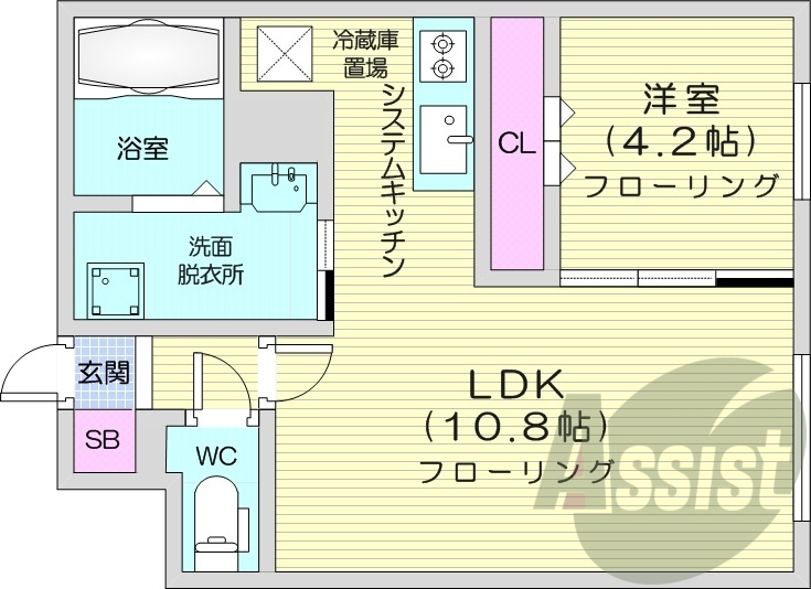 1LDK、エアコン、システムキッチン、ネット無料