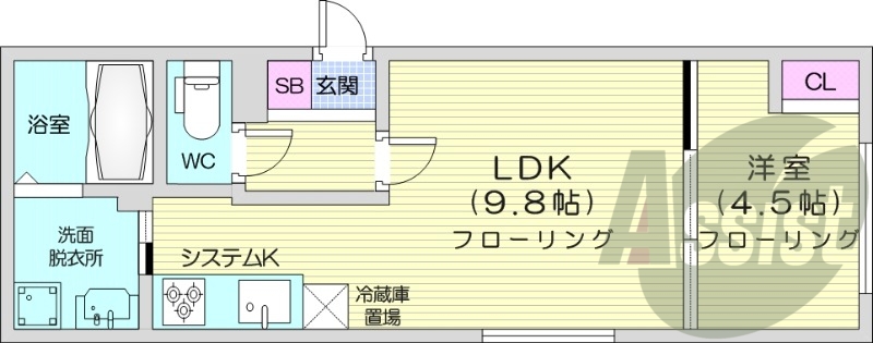 1LDK、エアコン、システムキッチン、独立洗面台