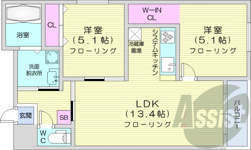 2LDK、都市ガス、エアコン、システムキッチン