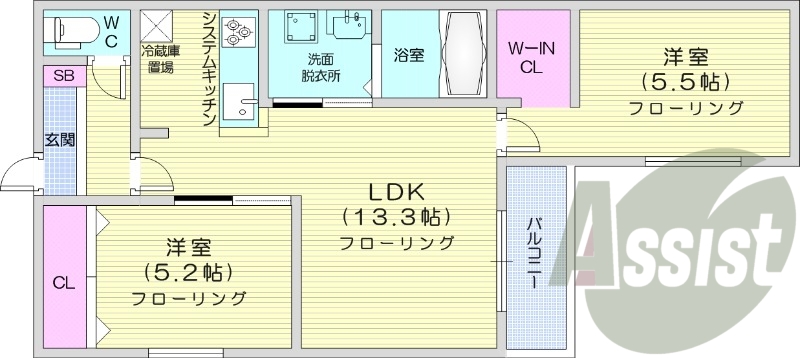 2LDK、都市ガス、エアコン、システムキッチン