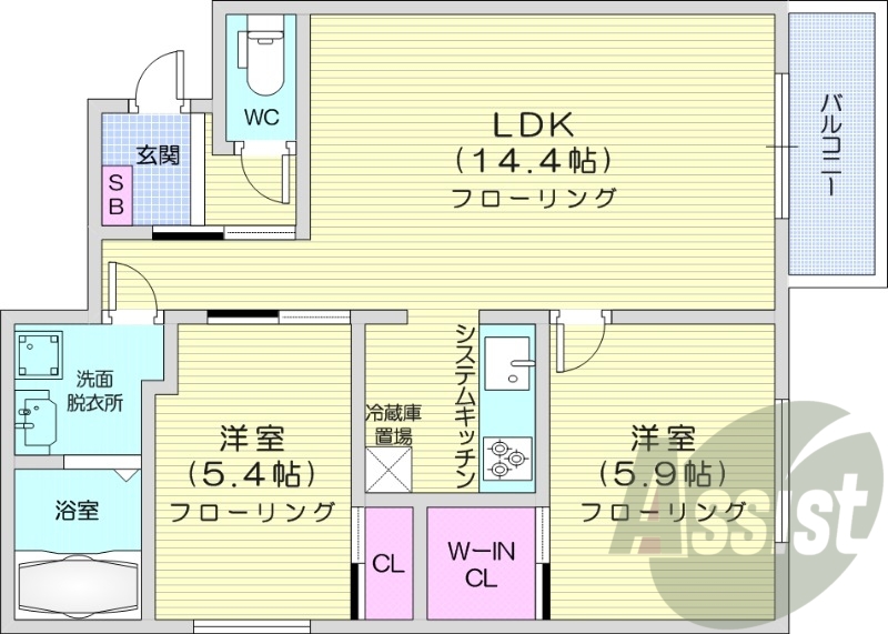 2LDK、都市ガス、エアコン、システムキッチン、追い焚き