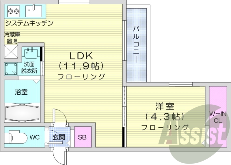 1LDK、エアコン、システムキッチン、ネット無料