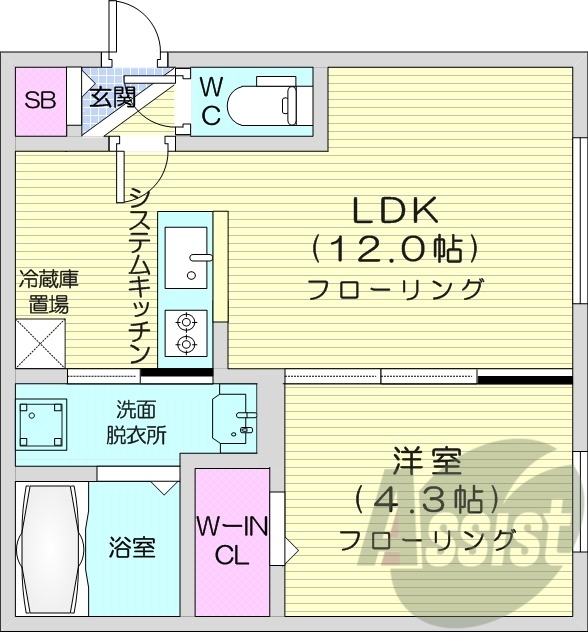 1LDK、エアコン、システムキッチン、ネット無料