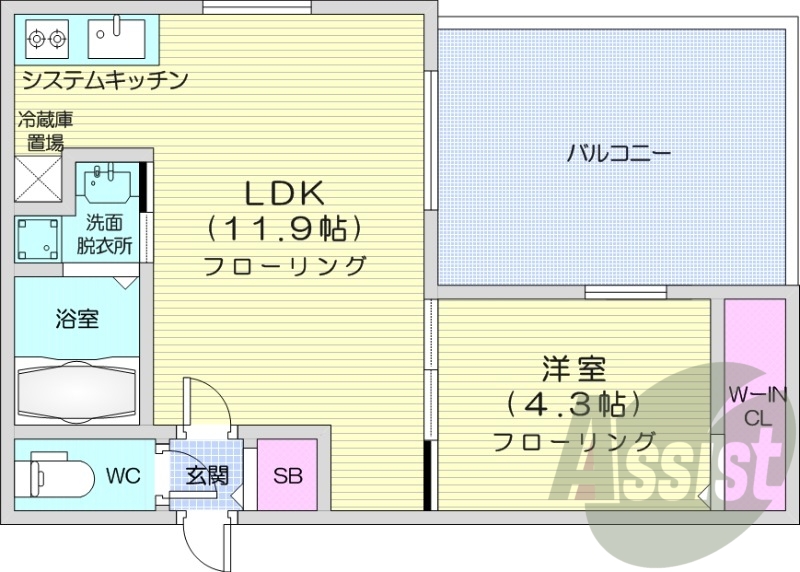 1LDK、エアコン、システムキッチン、ネット無料