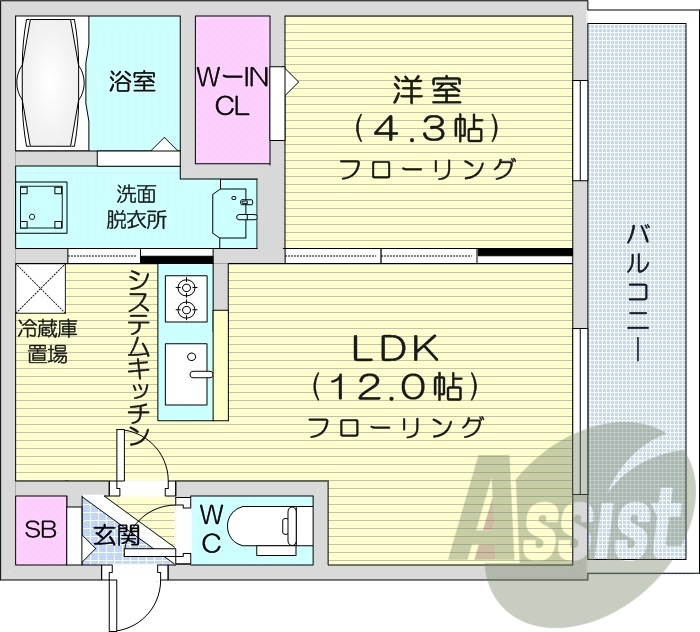 1LDK、エアコン、システムキッチン、ネット無料