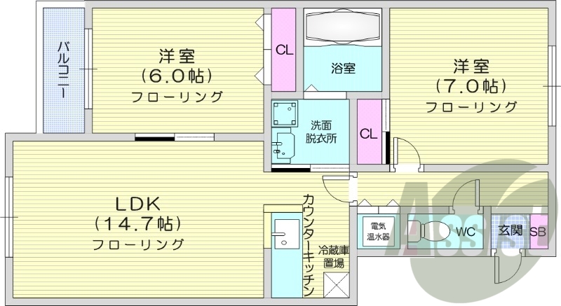 2LDK、1坪バス、トランクルーム、洗髪洗面化粧台