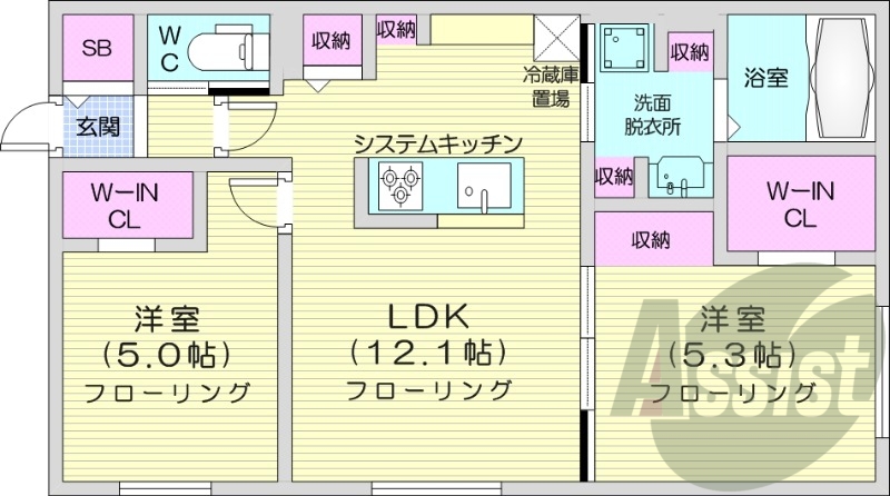 2LDK、都市ガス、エアコン、システムキッチン