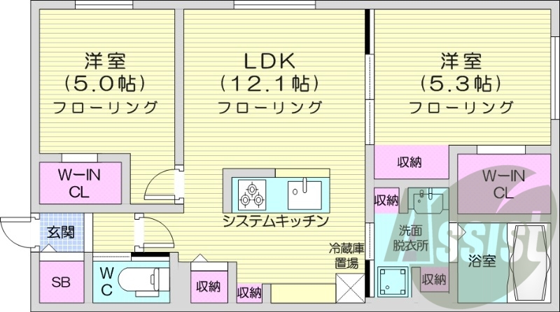 2LDK、都市ガス、エアコン、システムキッチン