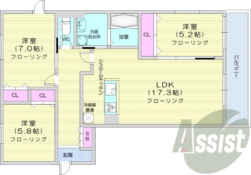 3LDK、都市ガス、エアコン、システムキッチン、追い焚き