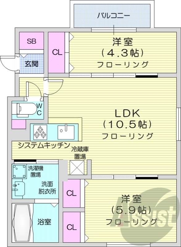 2LDK、都市ガス、オートロック、ネット無料