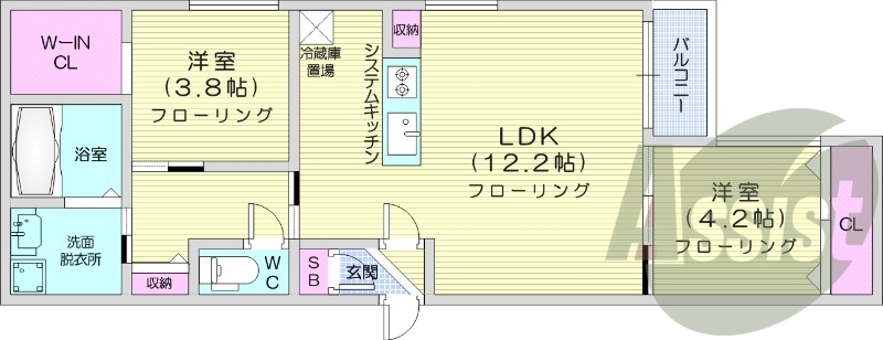 2LDK、都市ガス、システムキッチン、エアコン